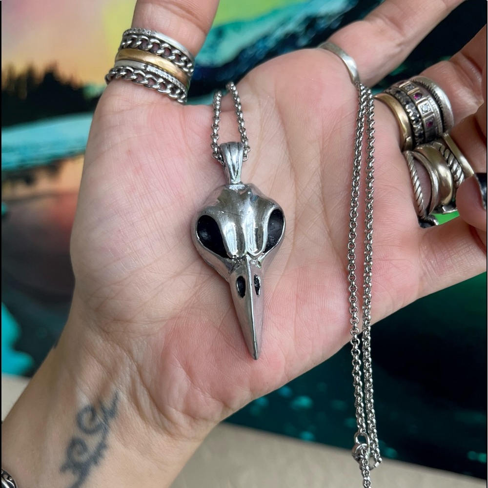 Handmade resin crow raven bird skull necklace (stainless steel chain ) boho goth - Picture 9 of 13